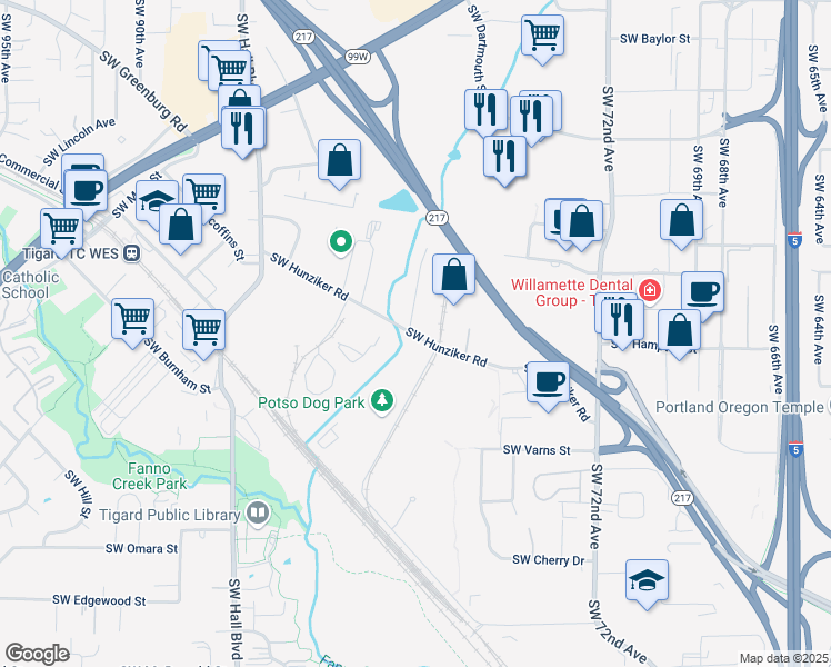 map of restaurants, bars, coffee shops, grocery stores, and more near 7904 Southwest Hunziker Street in Tigard