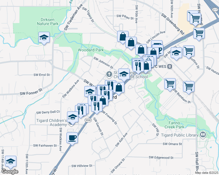 map of restaurants, bars, coffee shops, grocery stores, and more near in Tigard