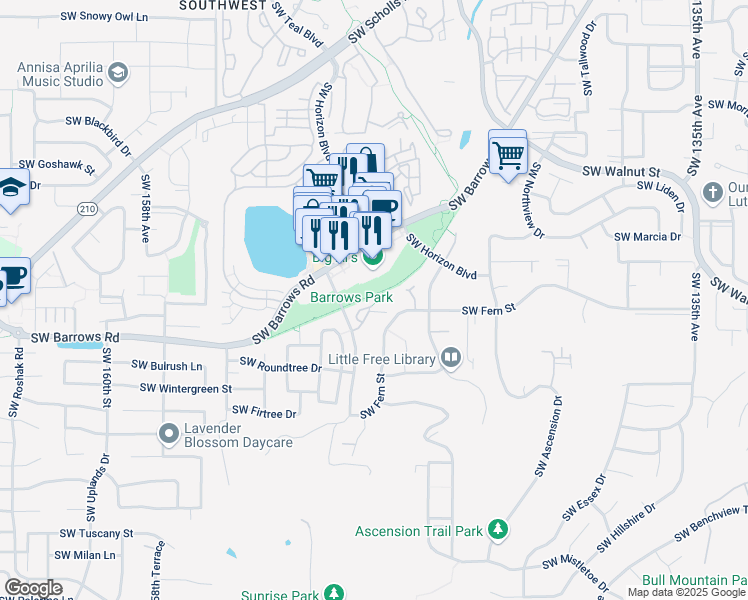 map of restaurants, bars, coffee shops, grocery stores, and more near 14669 Southwest Fern Street in Tigard