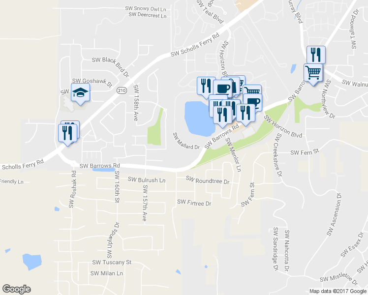 map of restaurants, bars, coffee shops, grocery stores, and more near 15370 Southwest Mallard Drive in Beaverton