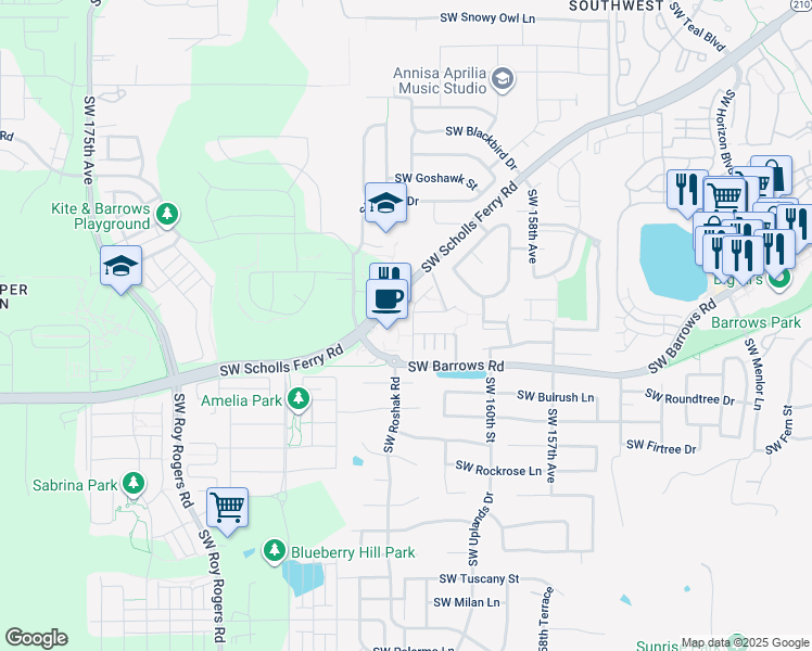 map of restaurants, bars, coffee shops, grocery stores, and more near 102 Southwest Night Heron Lane in Beaverton
