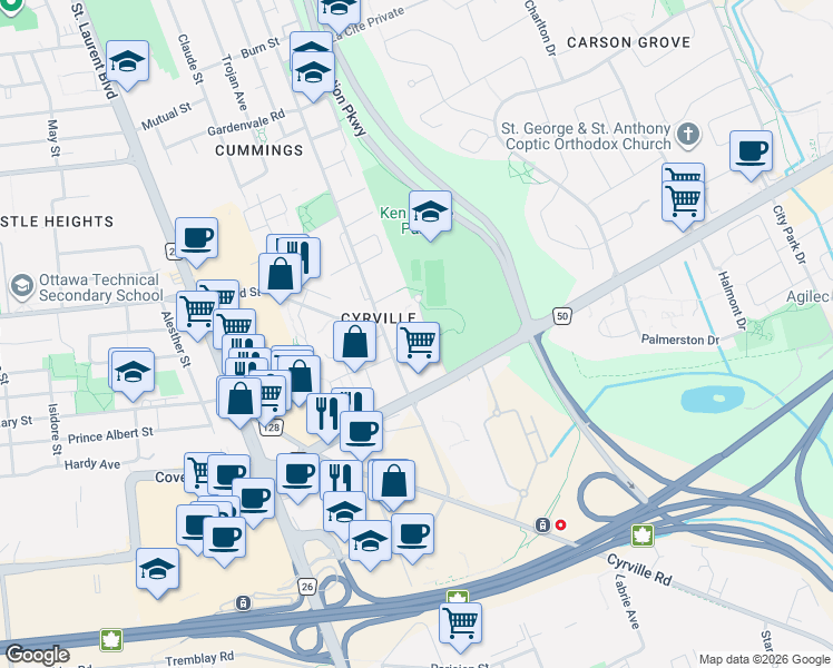 map of restaurants, bars, coffee shops, grocery stores, and more near 59 Strathaven Private in Ottawa