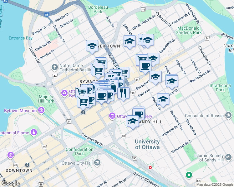 map of restaurants, bars, coffee shops, grocery stores, and more near 242 Rideau Street in Ottawa