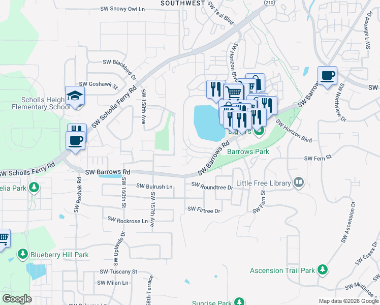 map of restaurants, bars, coffee shops, grocery stores, and more near 15370 Southwest Mallard Drive in Beaverton