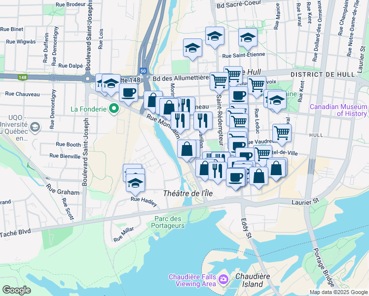 map of restaurants, bars, coffee shops, grocery stores, and more near 100 Rue Montcalm in Gatineau