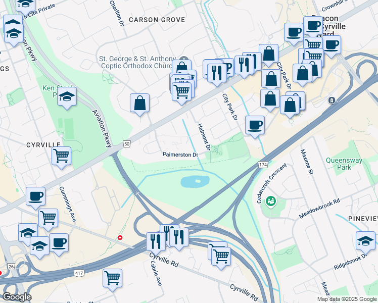 map of restaurants, bars, coffee shops, grocery stores, and more near 1453 Palmerston Drive in Ottawa