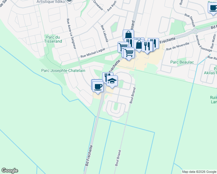 map of restaurants, bars, coffee shops, grocery stores, and more near 3600 Boulevard Fréchette in Chambly