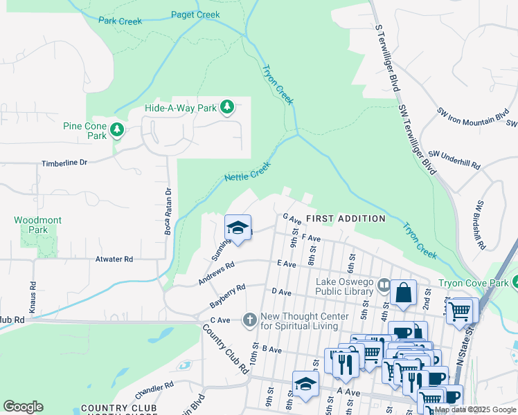 map of restaurants, bars, coffee shops, grocery stores, and more near 1011 Sunningdale Road in Lake Oswego