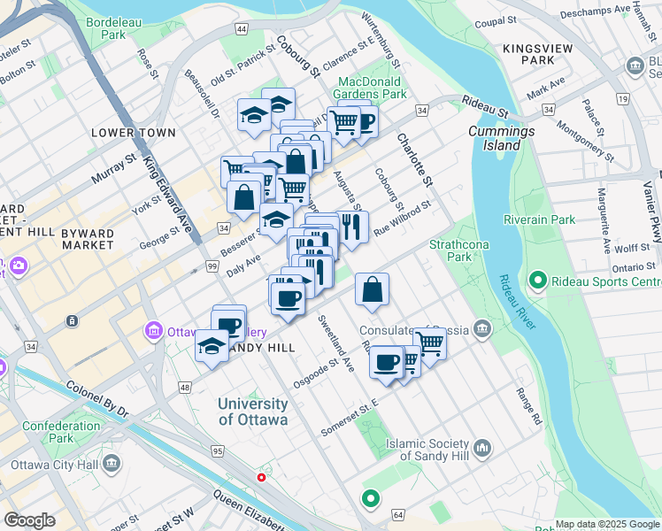 map of restaurants, bars, coffee shops, grocery stores, and more near 350 Wilbrod Street in Ottawa