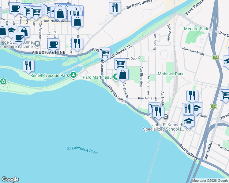 map of restaurants, bars, coffee shops, grocery stores, and more near 9861 Boulevard LaSalle in Montréal
