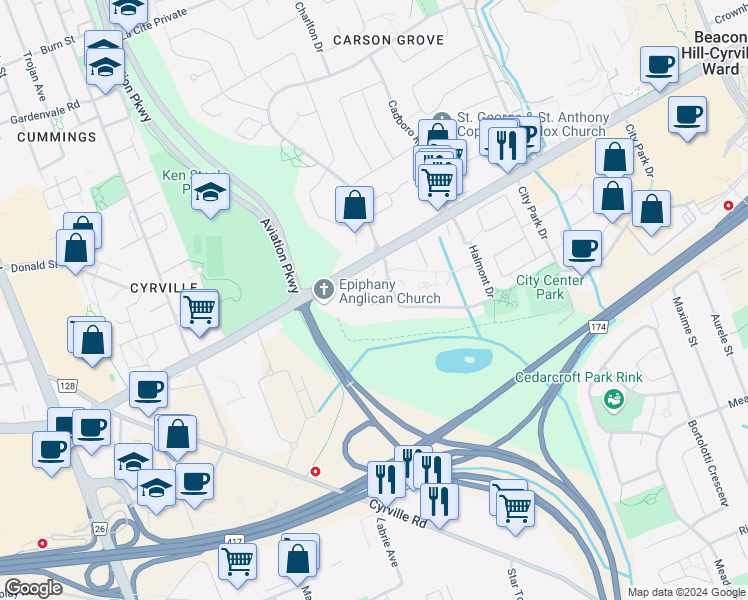 map of restaurants, bars, coffee shops, grocery stores, and more near 1374 Perez Crescent in Ottawa