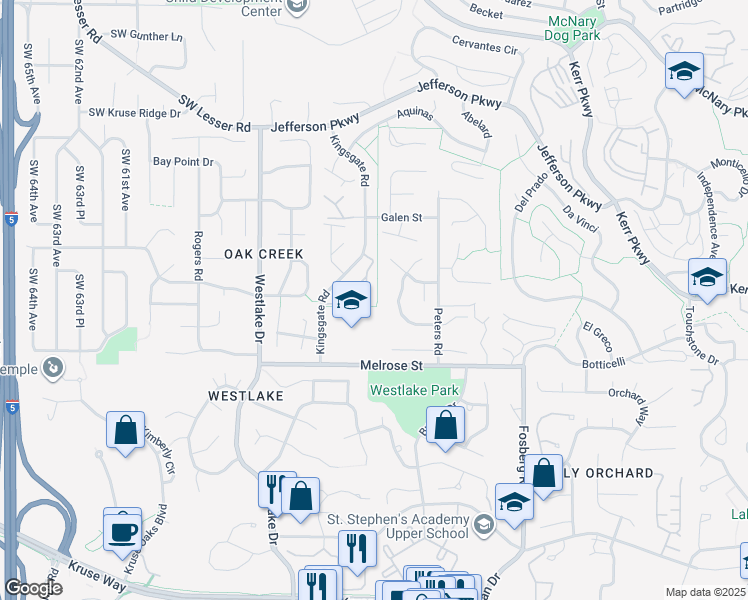 map of restaurants, bars, coffee shops, grocery stores, and more near 97 Kingsgate Road in Lake Oswego