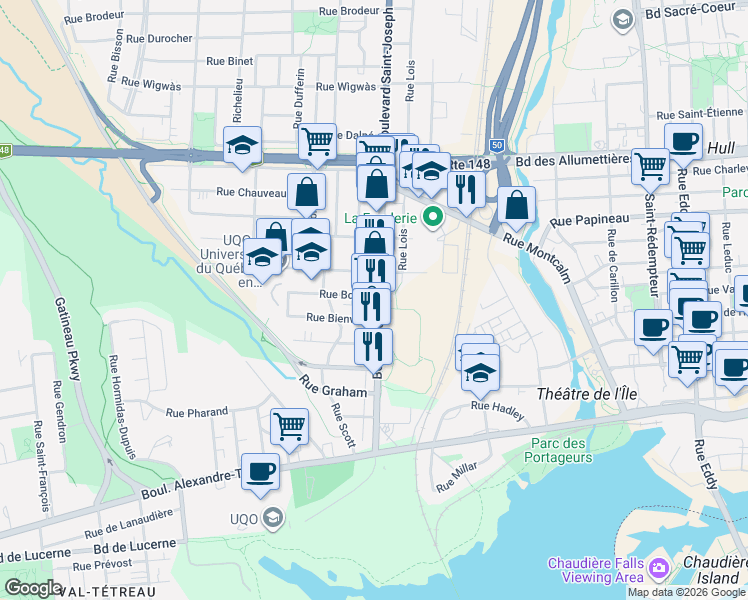 map of restaurants, bars, coffee shops, grocery stores, and more near 71 Boulevard Saint-Joseph in Gatineau