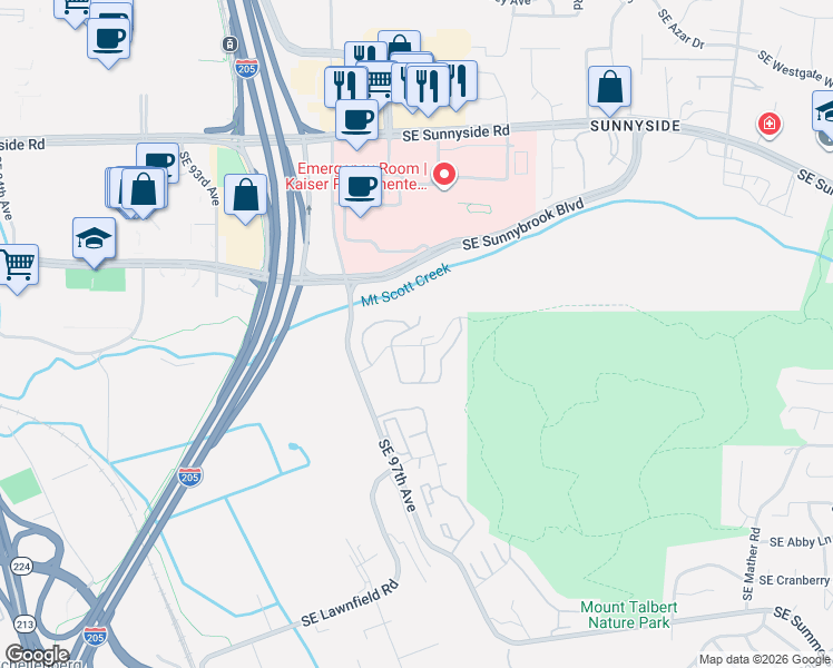 map of restaurants, bars, coffee shops, grocery stores, and more near 9960 Southeast Talbert Street in Clackamas