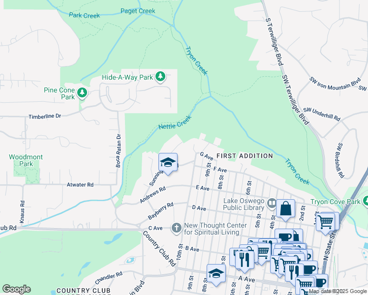 map of restaurants, bars, coffee shops, grocery stores, and more near 1011 Sunningdale Road in Lake Oswego