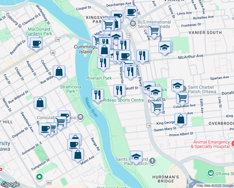 map of restaurants, bars, coffee shops, grocery stores, and more near in Ottawa