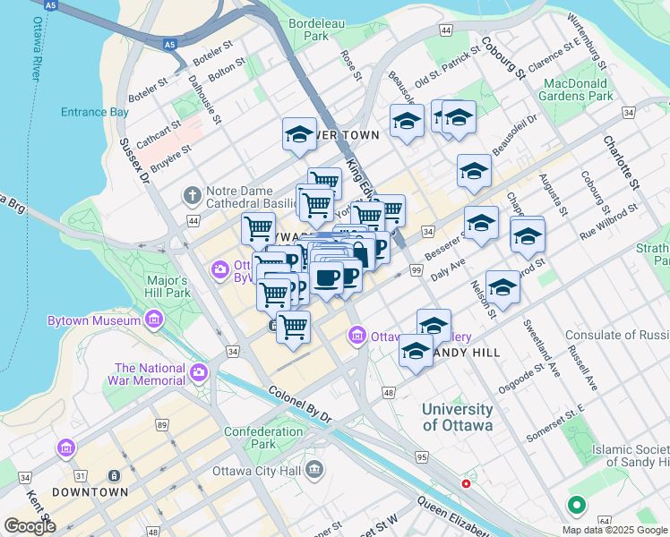 map of restaurants, bars, coffee shops, grocery stores, and more near 399b Dalhousie Street in Ottawa