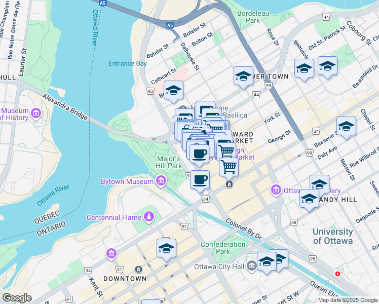 map of restaurants, bars, coffee shops, grocery stores, and more near 490 Sussex Drive in Ottawa
