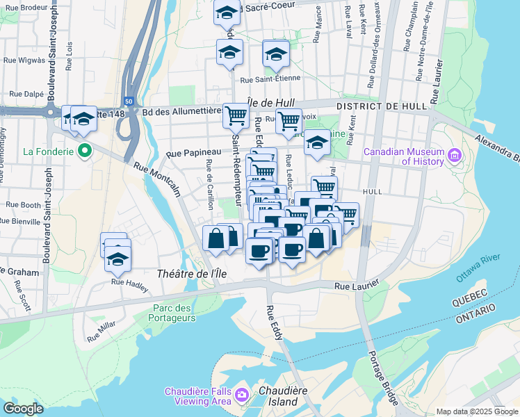 map of restaurants, bars, coffee shops, grocery stores, and more near in Gatineau
