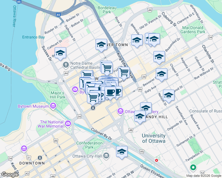 map of restaurants, bars, coffee shops, grocery stores, and more near 152 Ottawa 34 in Ottawa