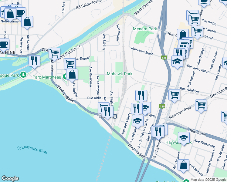 map of restaurants, bars, coffee shops, grocery stores, and more near 81 Avenue Highlands in Montréal