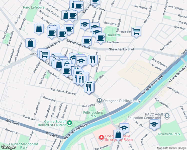 map of restaurants, bars, coffee shops, grocery stores, and more near 8629 Rue Daoust in Montréal