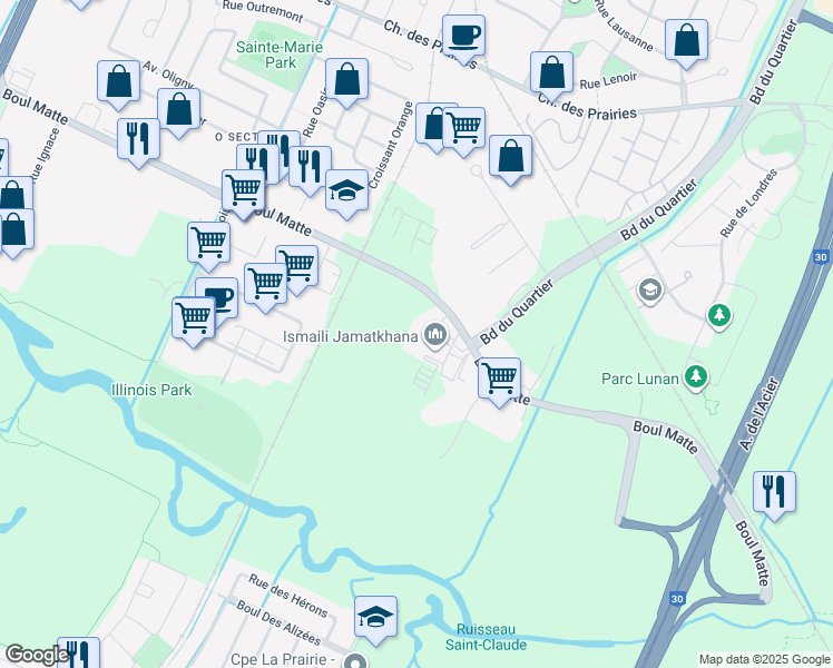 map of restaurants, bars, coffee shops, grocery stores, and more near 3850 Boulevard Matte in Brossard