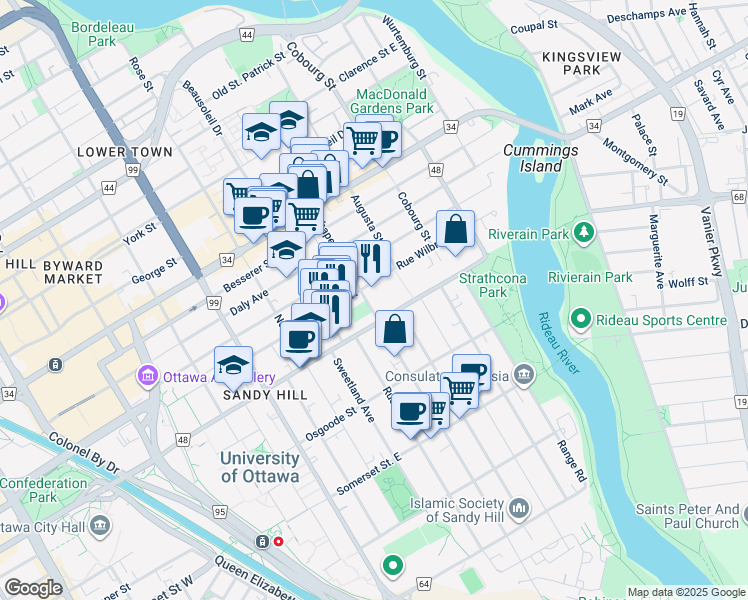 map of restaurants, bars, coffee shops, grocery stores, and more near 283 Chapel Street in Ottawa