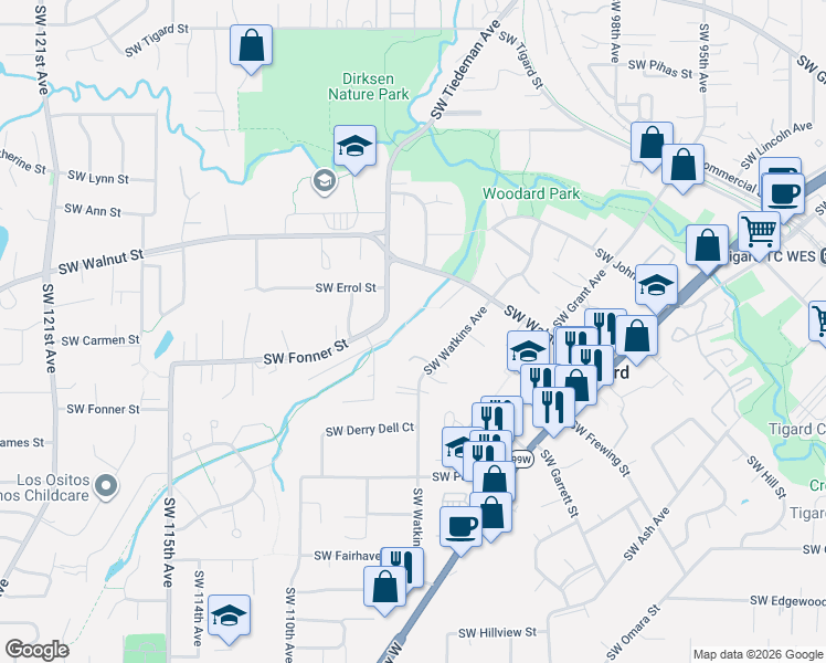 map of restaurants, bars, coffee shops, grocery stores, and more near 12835 Southwest Watkins Avenue in Tigard