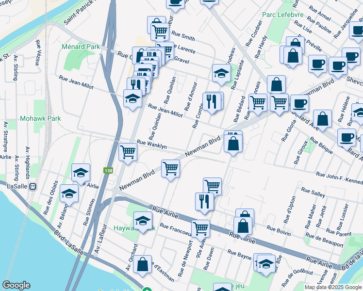 map of restaurants, bars, coffee shops, grocery stores, and more near 31129 Boulevard Newman in Montréal