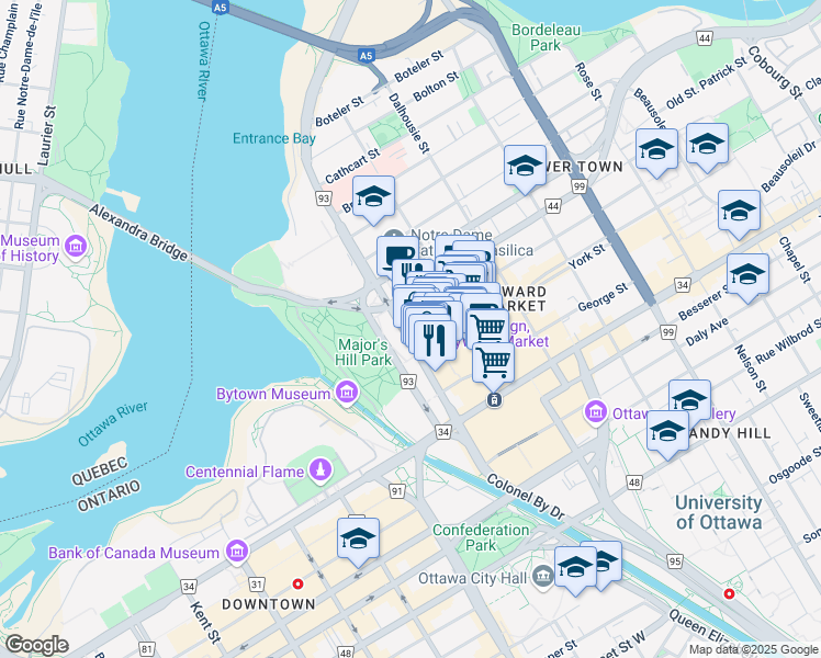 map of restaurants, bars, coffee shops, grocery stores, and more near 10 Rue Clarence Street in Ottawa