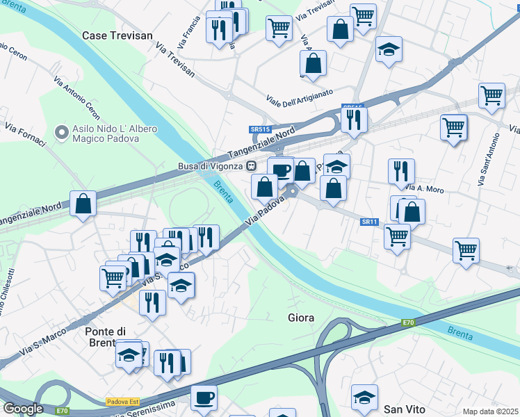 map of restaurants, bars, coffee shops, grocery stores, and more near 68 Via Padova in Vigonza