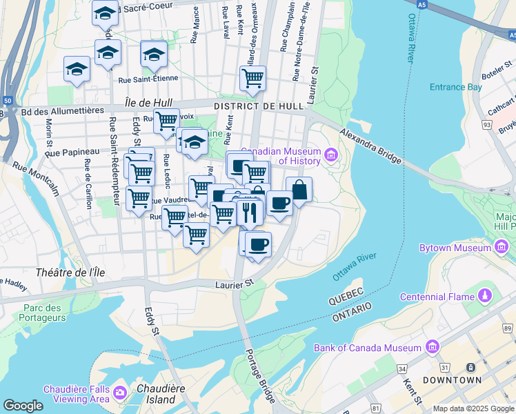 map of restaurants, bars, coffee shops, grocery stores, and more near 50 Rue Victoria in Gatineau