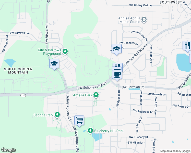 map of restaurants, bars, coffee shops, grocery stores, and more near 12602 Southwest Moorhen Way in Beaverton