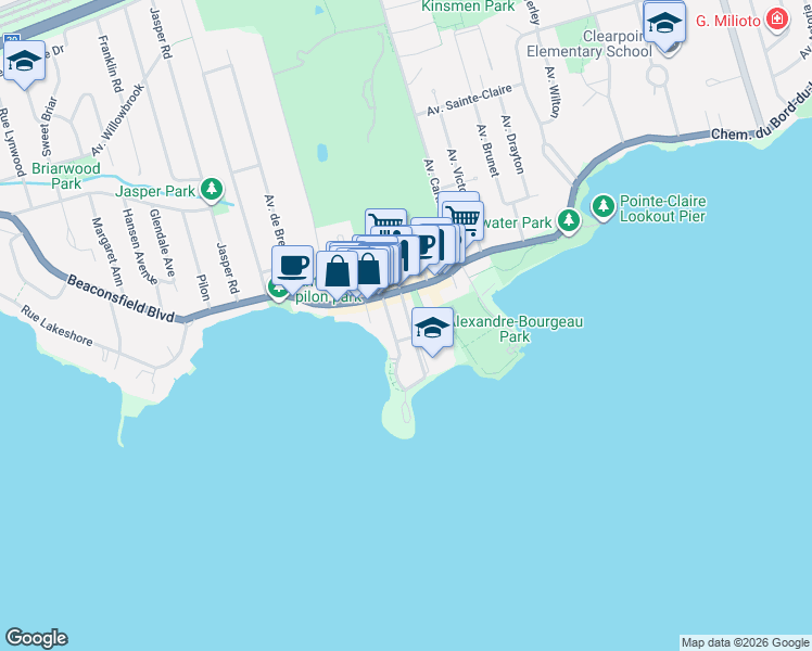 map of restaurants, bars, coffee shops, grocery stores, and more near 22 Avenue Sainte-Anne in Pointe-Claire