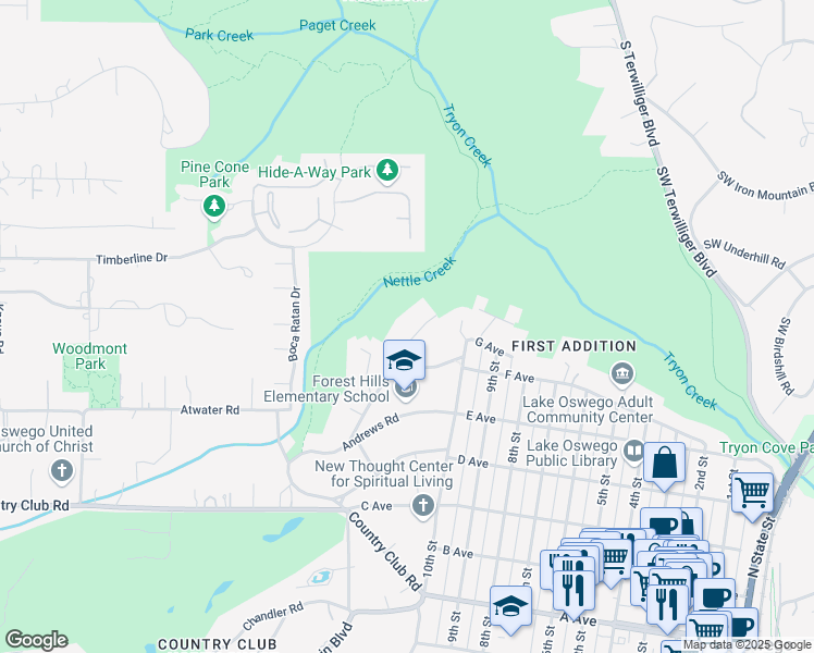 map of restaurants, bars, coffee shops, grocery stores, and more near 929 Cumberland Road in Lake Oswego
