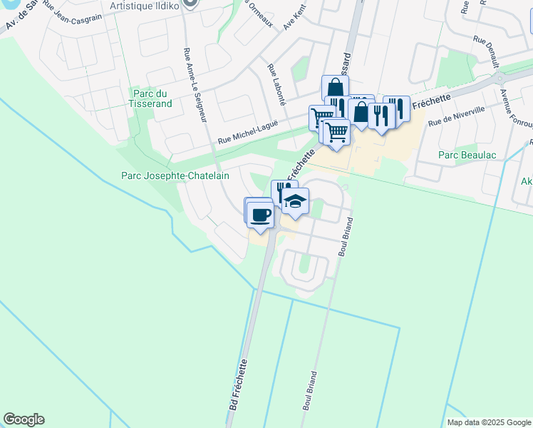 map of restaurants, bars, coffee shops, grocery stores, and more near 3601 Boulevard Fréchette in Chambly