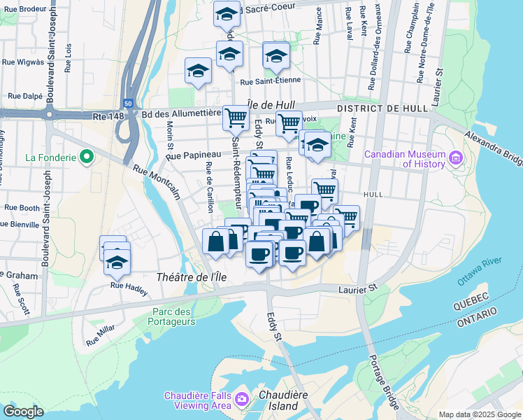 map of restaurants, bars, coffee shops, grocery stores, and more near 95 Rue Eddy in Gatineau