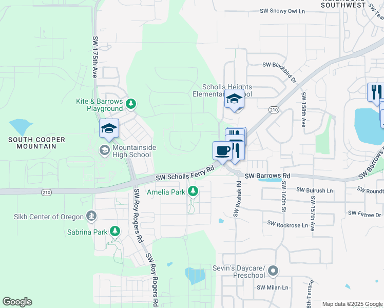map of restaurants, bars, coffee shops, grocery stores, and more near 12602 Southwest Moorhen Way in Beaverton