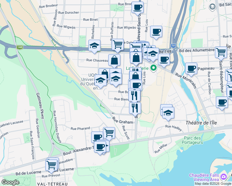 map of restaurants, bars, coffee shops, grocery stores, and more near 47 Rue Booth in Gatineau