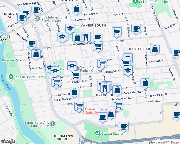 map of restaurants, bars, coffee shops, grocery stores, and more near 305 Donald Street in Ottawa