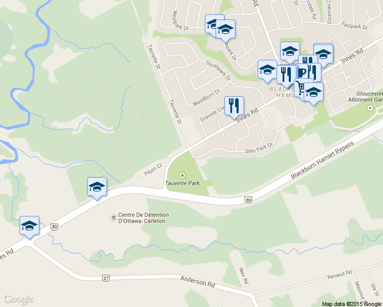 map of restaurants, bars, coffee shops, grocery stores, and more near 4 Glen Park Drive in Ottawa