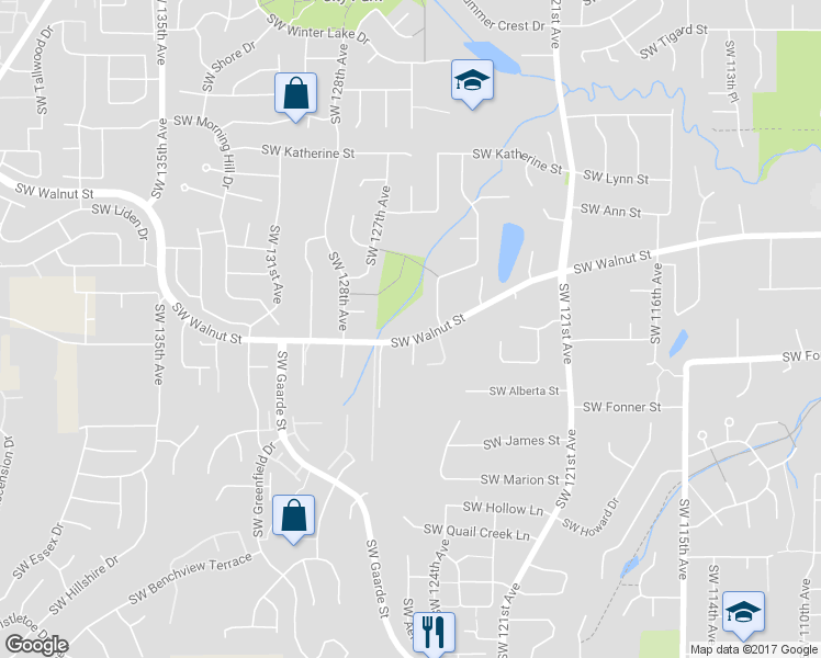 map of restaurants, bars, coffee shops, grocery stores, and more near 12617 Southwest Walnut Street in Tigard