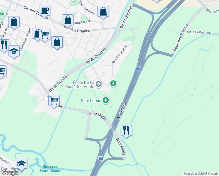 map of restaurants, bars, coffee shops, grocery stores, and more near 8405 Rue de Londres in Brossard