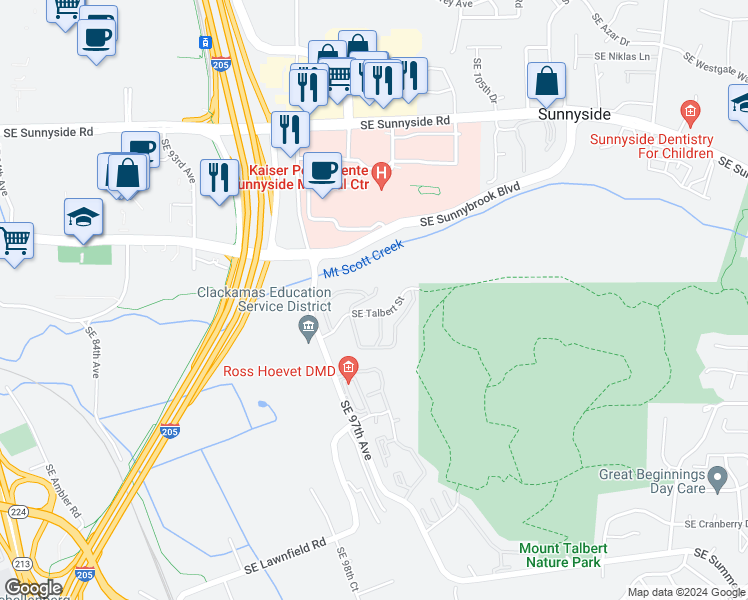 map of restaurants, bars, coffee shops, grocery stores, and more near 9977 Southeast Talbert Street in Clackamas