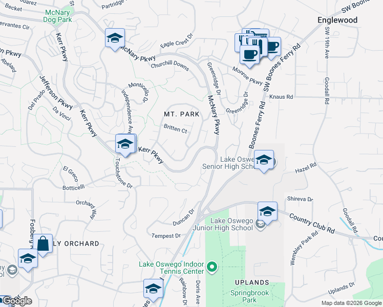 map of restaurants, bars, coffee shops, grocery stores, and more near 75 Tanglewood Drive in Lake Oswego