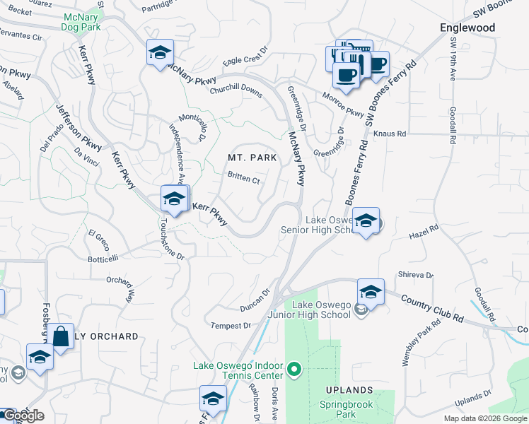 map of restaurants, bars, coffee shops, grocery stores, and more near 71 Tanglewood Drive in Lake Oswego