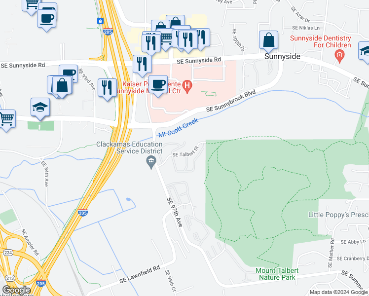 map of restaurants, bars, coffee shops, grocery stores, and more near 9973 Southeast Talbert Street in Clackamas