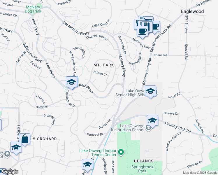 map of restaurants, bars, coffee shops, grocery stores, and more near 75 Tanglewood Drive in Lake Oswego
