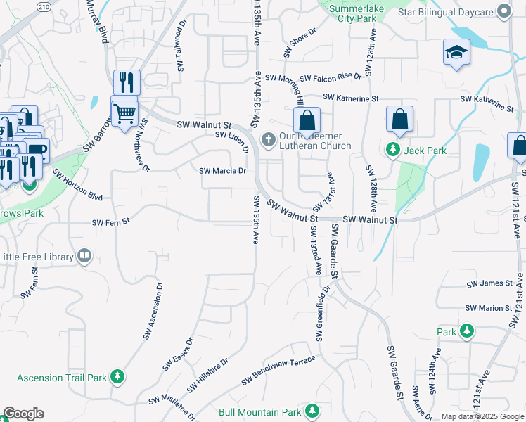 map of restaurants, bars, coffee shops, grocery stores, and more near 12780 Southwest 135th Avenue in Tigard
